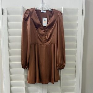 Tinsel Brown Satin Long Sleeve Dress